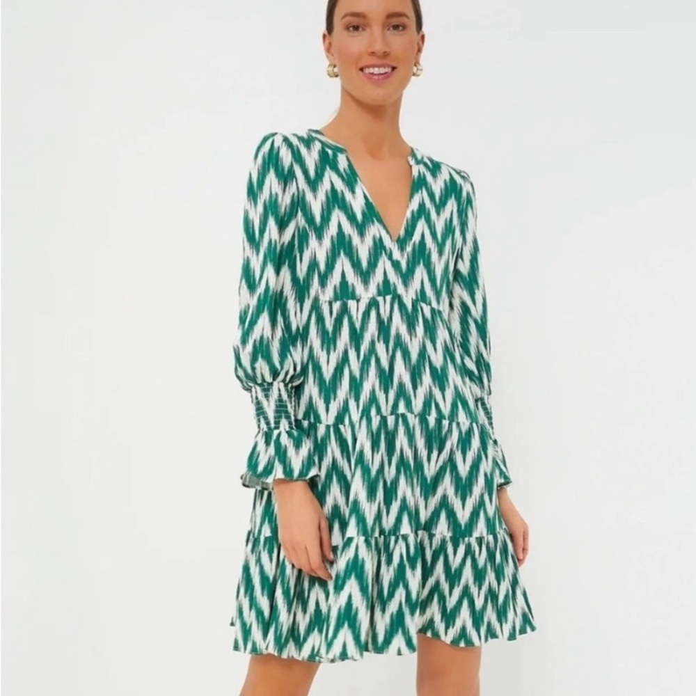 Pomander Place Tuckernuck Ikat Kenzo Mini Dress Green White XL Puff Sleeve